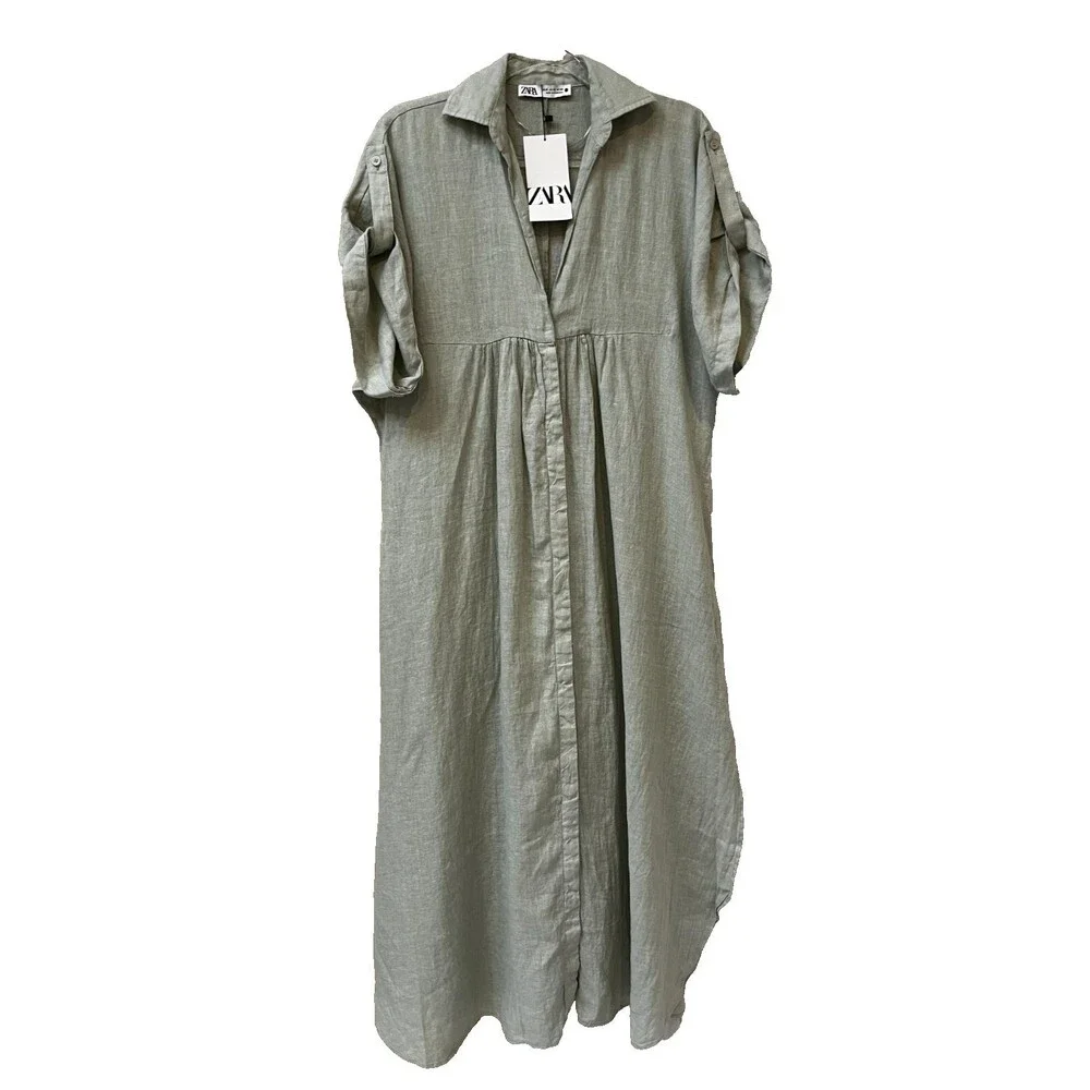 Zara NWT Sage Green Lovina Linen Short Sleeve Button Front Midi Dress sz XS NEW - Picture 3 of 15